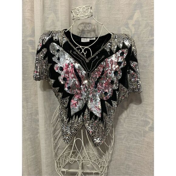 NEW WITHOUT TAGS Valachi Creations Vintage 1970s butterfly sequinned trophy blou - Picture 1 of 7